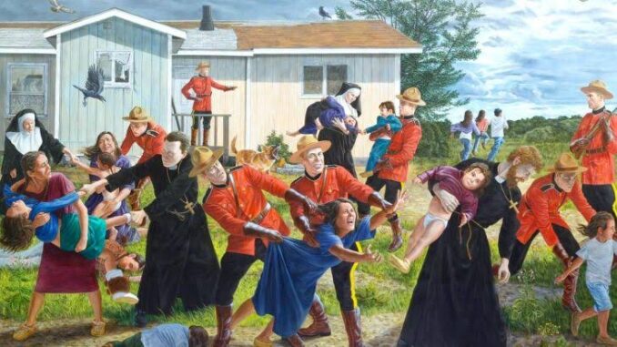 Mounties and nuns taking Indigenous children away. Mounties and nuns taking Indigenous children away.