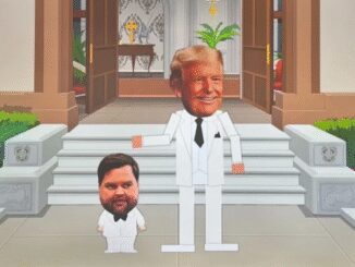 Cartoon figures with oversized heads in suits.