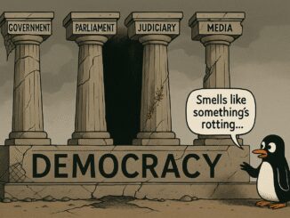 Penguin critiques crumbling pillars of democracy.