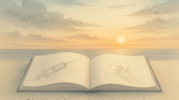 Open book with syringe and hand drawings. Open book with syringe and hand drawings.