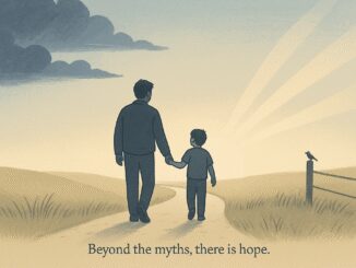 Man and child walking toward sunrise.