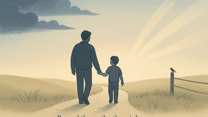 Man and child walking toward sunrise. Man and child walking toward sunrise.