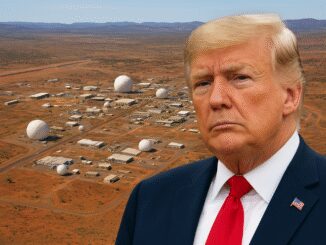 Man in suit with desert satellite station.