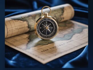 Compass on vintage map with blue fabric.