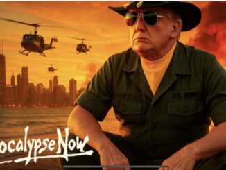 Man in military attire with helicopters, sunset.