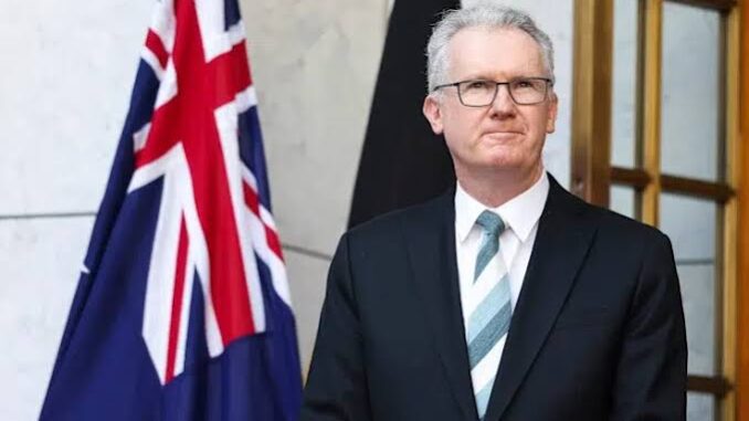 Man in suit standing by Australian flag. Man in suit standing by Australian flag.