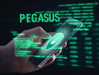 Hand holding smartphone with Pegasus text overlay.