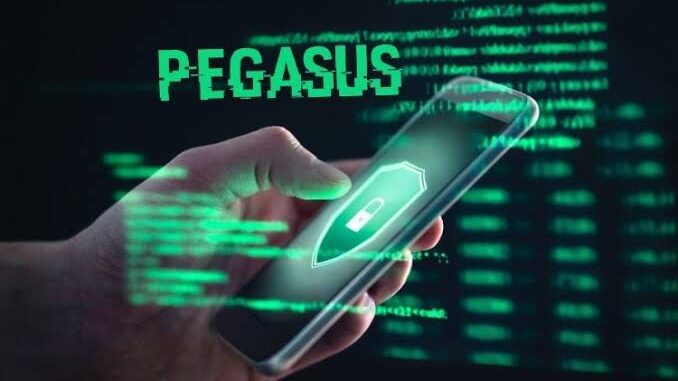 Hand holding smartphone with Pegasus text overlay.