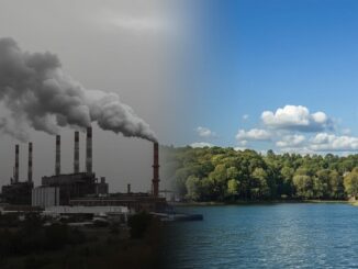 Factory pollution contrasted with clear natural landscape.