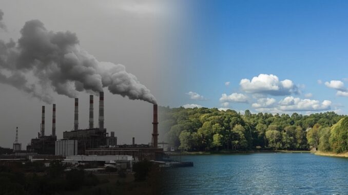 Factory pollution contrasted with clear natural landscape. Factory pollution contrasted with clear natural landscape.