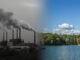 Factory pollution contrasted with clear natural landscape.