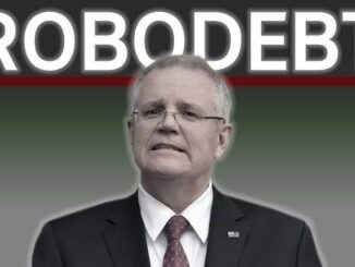 Man in suit under "Robodebt" sign.