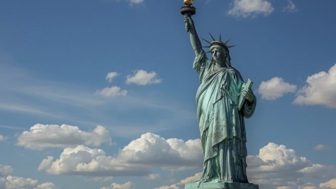 Statue of Liberty against a cloudy sky. Statue of Liberty against a cloudy sky.