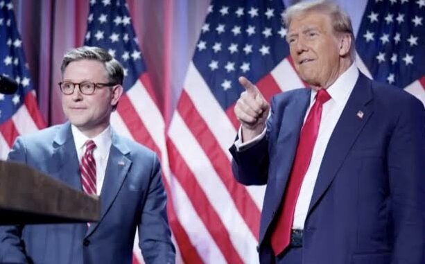 Two men in suits with American flags. Two men in suits with American flags.