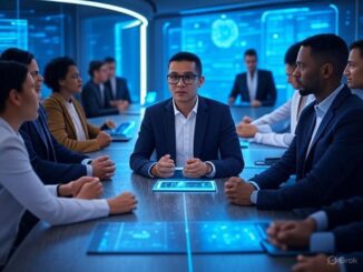 Business meeting with digital interface displays.