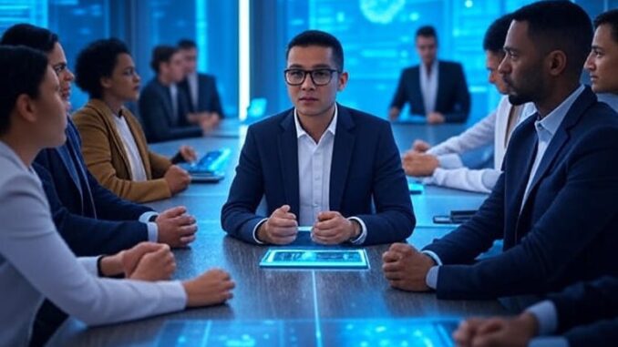 Business meeting with digital interface displays. Business meeting with digital interface displays.