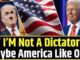 Politician, American flag, and text on display.