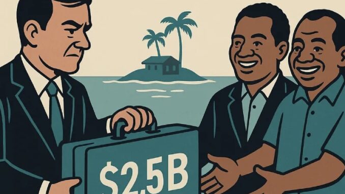 Businessman exchanging money with two smiling men.