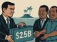 Businessman exchanging money with two smiling men.