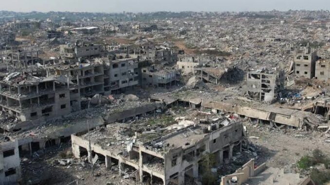 Cityscape showing extensive destruction and ruins. Cityscape showing extensive destruction and ruins.