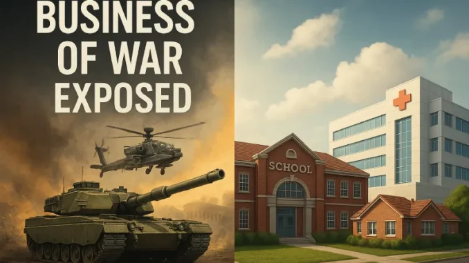Tank, helicopter, school, hospital, war theme.