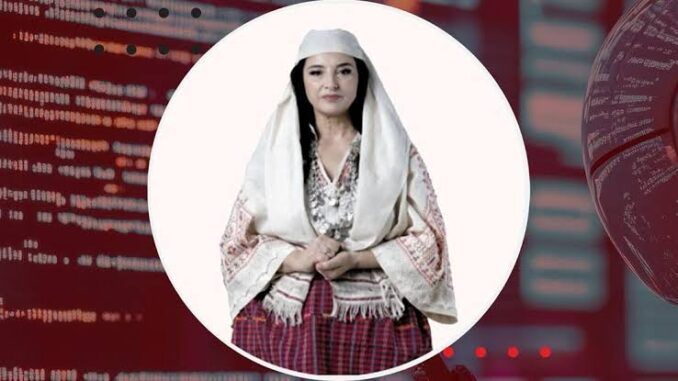 Woman in traditional attire, digital background.