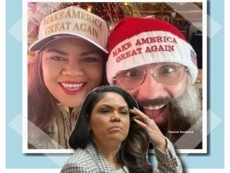 Three people wearing "Make America Great Again" gear.