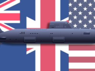 Submarine overlaid on US, UK, Australia flags.