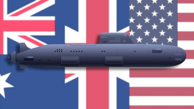 Submarine overlaid on US, UK, Australia flags. Submarine overlaid on US, UK, Australia flags.