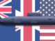 Submarine overlaid on US, UK, Australia flags.
