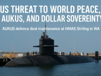 Submarine at dock with critical headline overlay.