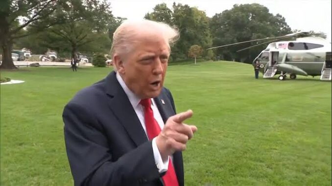 Man in suit speaking on lawn near helicopter.