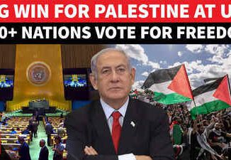 UN vote supports Palestine; large crowd celebrates.