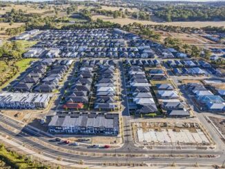 Aerial view of suburban housing development.