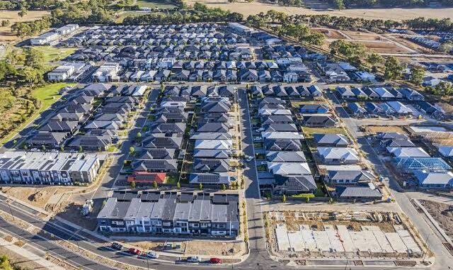 Aerial view of suburban housing development.