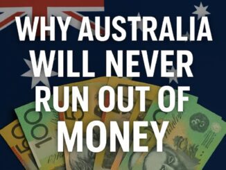Australian flag and currency with bold text.