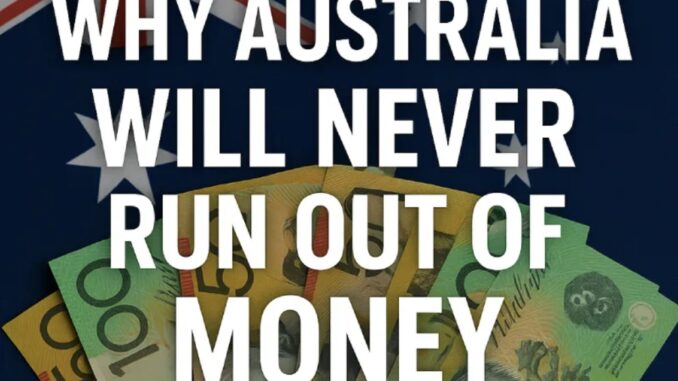 Australian flag and currency with bold text.