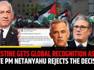Political leaders with Palestine flags and headline.