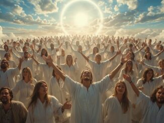 People in white robes reaching towards light.