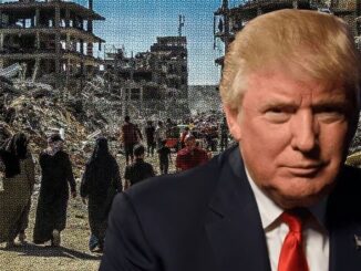 Man portrait superimposed over destroyed cityscape
