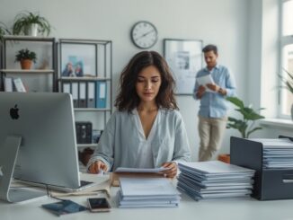 Office workers organizing documents at desks.
