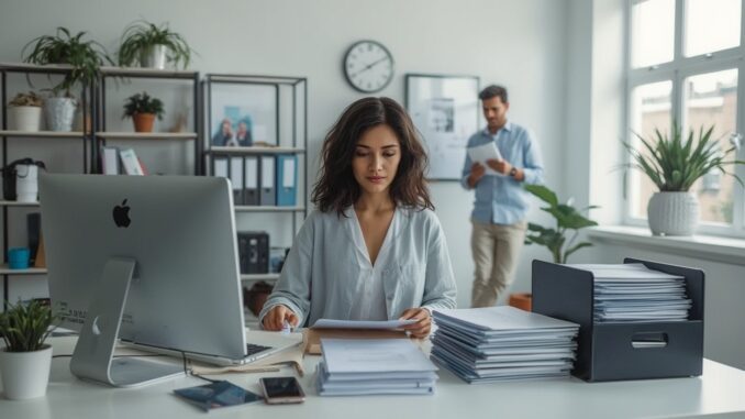 Office workers organizing documents at desks. Office workers organizing documents at desks.