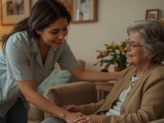 Caregiver assisting elderly woman in living room.