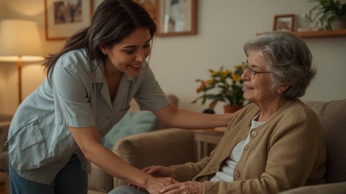 Caregiver assisting elderly woman in living room. Caregiver assisting elderly woman in living room.