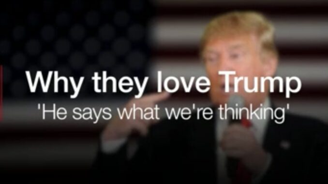 Blurry figure with text about Trump.