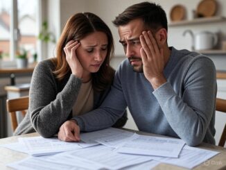 Couple stressed over financial documents at table.