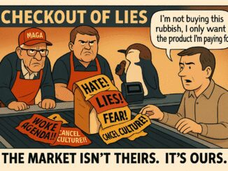 Cartoon depicting political commentary on consumerism.