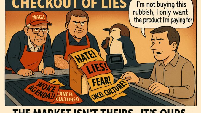 Cartoon depicting political commentary on consumerism. Cartoon depicting political commentary on consumerism.