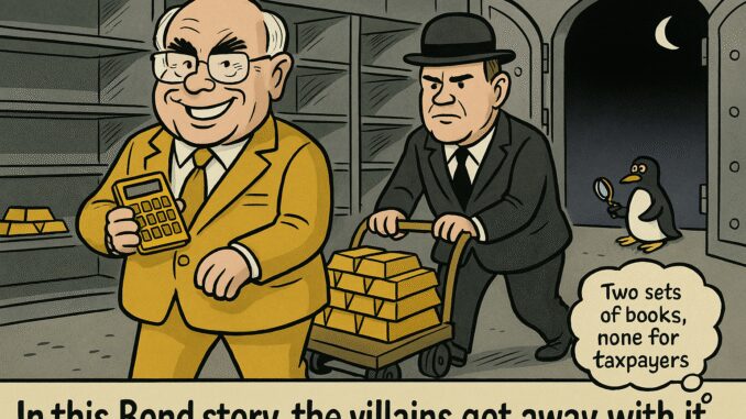 Two men with gold bars and penguin.