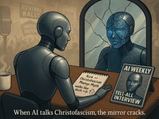 Robot pondering in front of cracked mirror.